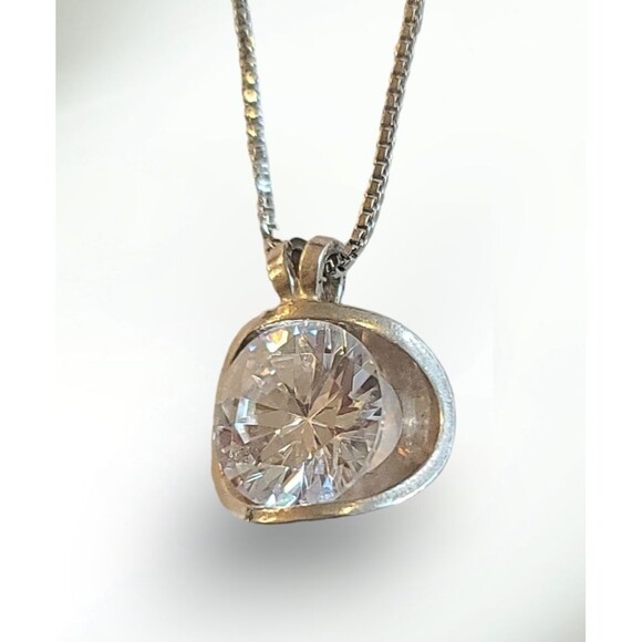 Solitaire Pendant 925 Sterling Silver Plated Cubic Zirconia Necklace 18" - Picture 1 of 5